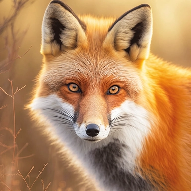 maginez un renard d'une beauté mystérieuse, avec un pelage doux et soyeux aux tons orangés et bruns. Son regard perçant est empreint d'une lueur d'intelligence et de curiosité. Le renard est représenté en position debout, les pattes légèrement écartées, comme s'il était en train d'explorer son environnement avec une attitude fière et majestueuse. Le pelage du renard doit être composé de nuances d'orange chaud et de brun terreux, avec des reflets dorés subtils. Les contours du renard doivent être