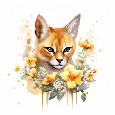 Chausie Cat with flowers, watercolor, sharp illustration clipart, insane detail, white background