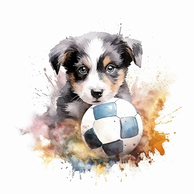 Watercolor puppy playing, with ball that resembles a world globe Clipart - cute puppy , Colour of black and silver, white background, vector art, high definition, clip art, ar 2:2