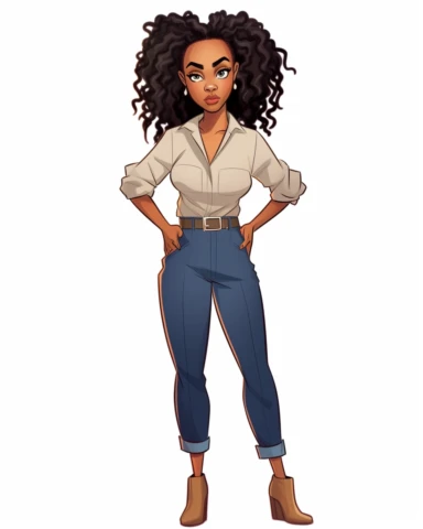 Cartoon illustration Clipart Kelly Rowland Norman Rockwell style Clipart Full body shot from head to toe centered dark Brown skin African American black girl magic Kelly Rowland version with messy bun, the boss lady clipart , vector art image, in the style of feminine interiors, video collages, aquarellist, whitcomb-girls, bright summer dress, kitty lange,