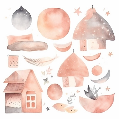 watercolor clipart of cute sweet dreams decor set, half moon sleeping, cute objects, soft watercolor, watercolor paper texture, no background. clear simple shapes.Adorable. High quality