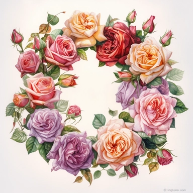 Watercolor Painting of beautiful multi - headed Rose Wreath FLOWERS on white background DETAILED ILUSTRATION, Flora Design Patterns, Flemish Baroque by Rachel Ruysch, Behance, Rococo, Intricate Detailed, Soft Light Effect, Oil Paint Strokes, Light Academia Aesthetic Flowers, Lighting cinematic, all shown shimmering stamens, tyndall light, texture, colorful, 8k, fantasy, ray tracing, vivid, spectacular lighting, octane rendering, highly detailed, ultra - realistic, white background, clipart