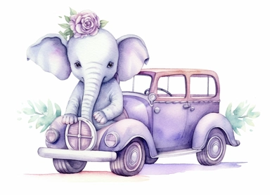 watercolor cute little baby elephant in a retro car, in the style of light silver and light purple, victorian-inspired illustrations, nature-inspired pieces, 5 sets of clipart of different playful compositions, plush doll art, high resolution, isolated on a white background