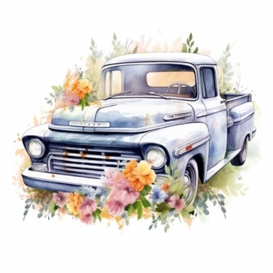 old vintage pickup car is standing on flowers, full flowers on the back, watercolor style, Sublimation Clipart,hyper realistic, intricate detail, illustration style,high solution,on the white background