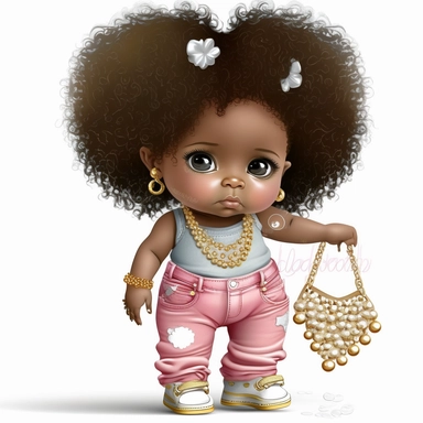 clipart, transparent background, 300dpi, baby diva girl standing, wearing baggy jeans, pink tank top, wearing really high gold high heels , big pearl white necklace, curly hair, bow clip on hair, looking cute and chic