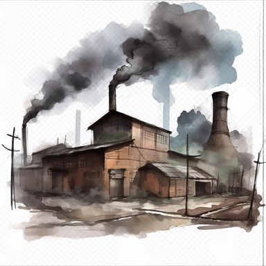 water color smoking factories, that simbolizes the destruction on earth, dark buildings, dirt, clipart, hd, no background