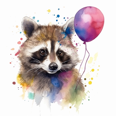 please create watercolor clipart of a raccoon smiling, wearing party BALOONS AND GUM and bubbles, colorful, WHITE BACKGROUND