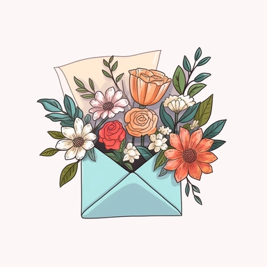 create a clipart cartoon featuring an open envelope with an aesthetic flower bouquet, minimalist, white background