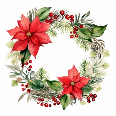 christmas pine and poinsettia wreath clipart, white background
