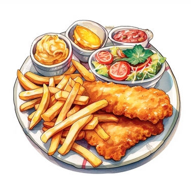 a delightful watercolor, hyper-realistic clipart image with a white background and white margins, showcasing a plate of crispy fish and chips. The ultra-detailed, hand-drawn elements capture the golden batter and tender fish. Use whimsical touches to add a sense of freshness, and bold shades of yellow and brown to evoke the comforting and satisfying nature of this classic fast food dish