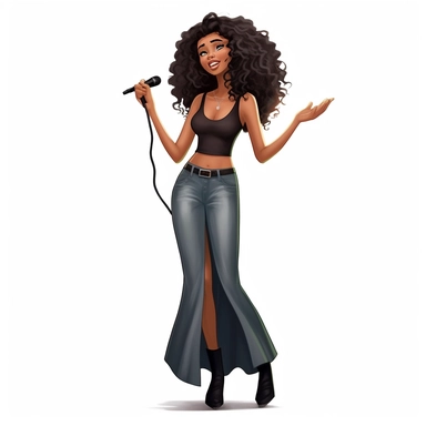 a black African-American, long curly hair model,anime,Pixar,character,beautiful woman in a form of clipart, white background, standing singing in a pose looking straightforward