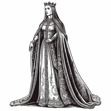 NO GRADIENT clipart of a VERY simple clipart black and white illustration of a SIMPLE medieval queen, full body shot, laser engrave ready, white background, clean lines no shading