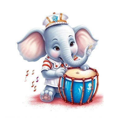 cute baby elephant as a marching band drummer, nursery wallpaper clipart naive art