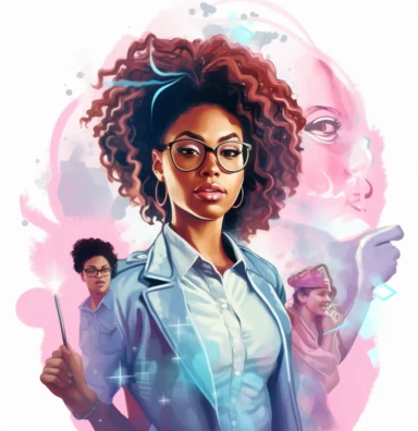 African American Black Girl Magic boss lady vector clipart vector illustration with transparent background, in the style of light indigo and light crimson, photo-realistic hyperbole, cluj school, transparent/translucent medium, detailed crowd scenes, light pink and light emerald, dark brown and white