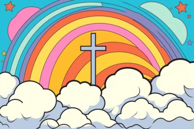 The Christian cross appears brightly in the background of the sky simplified lineart vector outline, clipart, coloring page style, svg cut file