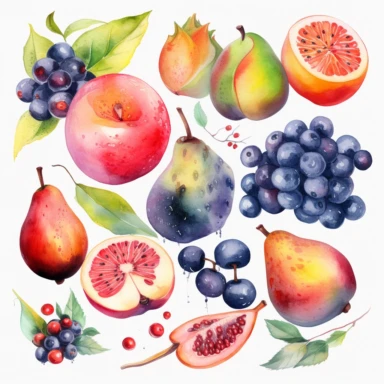 A vibrant watercolor clipart of assorted fruits including [mangoes], [dragon fruits], [blueberries], [Nectarines], and [peaches], with each fruit showcasing soft colors and intricate details, each fruit is seperated 5mm from eachother, set against a white background, evoking a sense of freshness and abundance, Painting, watercolor on textured paper,