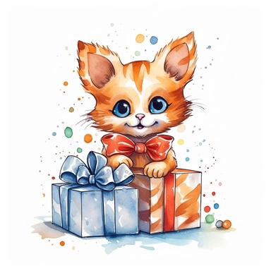 watercolor cartoon birth cat with gift drawing, illustration clipart, outline, white background, digital art