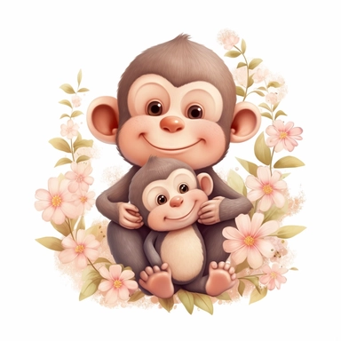 Cute floral illustration, realistic adorable baby monkey hugging his mom happy clipart, nursery style clipart, Nursery Animals Art, Kids Wall Art, Kids Room Decor, Baby Room Decor, isolated on white, ultra - detailed, high quality, ghibli style, award winning