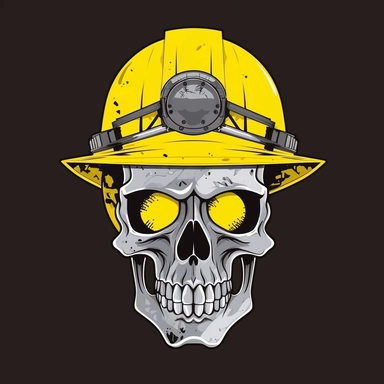 vector, Castle Gray Skull, wearing a yellow Hard hat, Power company behind the skull, clip art style, vivid, white background, professional t-shirt design