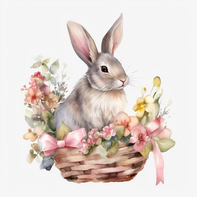 Easter rabbit with a pink ribbon around neck sitting in a wicker basket full of painted eggs an spring flowers watercolour clipart, highly detailed, clip art, watercolor art, realistic, 8k, high definition, hyper realistic, separate elements, illustration, strong white background, transparent background, white #000000 background, art