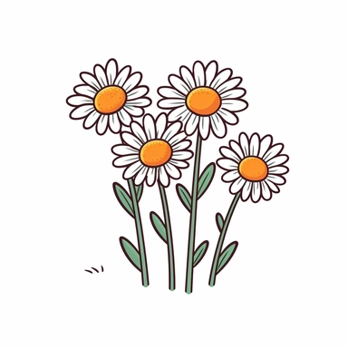 Clipart of cartoon daisies in a minimalist style, on a white background,