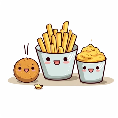 clipart. cute. white background. mashed potatoes, french fries, tator tots, and a baked potato in a line.