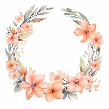 watercolor clipart of a empty suttle dainty floral circle frame surrounded by peach color flowers and cream color flowers. Capture the essence of blooming beauty and intricate details in your artwork, white background