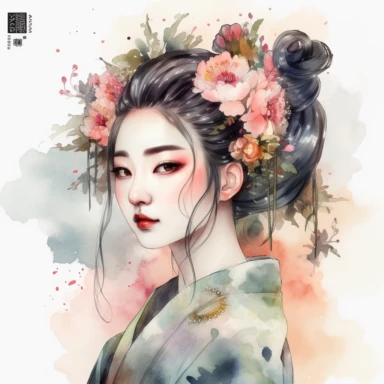 watercolour clipart of beautiful Japanese Geisha Watercolor Clipart Bundle, hair tucked behind pointy ears, detailed character illustrations, fantasy illustration, close - up, multilayered realism, goblincore, delicate flowers, forest greenery, enchanted, pretty, majestic, magical, detailed, face only, UHD, 8K, 3D, solid white background