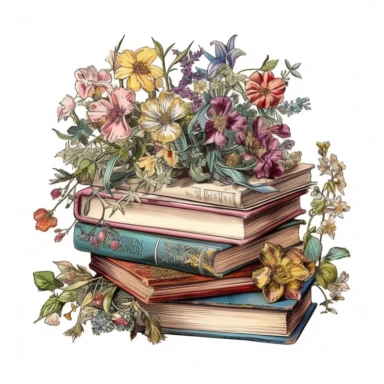 Clipart, vintage books, floral, hyper detailed, hyper realistic, marsh pastel, victorian era, watercolor, fantasy, amazing colour compilation, countrycore, romantic colors, white background,