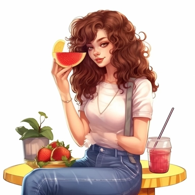 realistic a cute girl long curly hair full body sitting in the tea shop and drinking strawberry lemondage illustration clipart white background