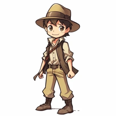 young indiana jones, full body, standing, happy, bright colored, manga, clipart, kawaii, black outline, white background