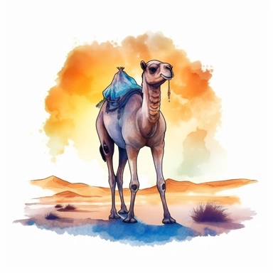 Cute beautiful camel standing in front of sunset, sublimation, summer time, watercolor, clipart, illustration, digital art, for tshirt, simple design, clean, highly detailed, 8k, white background