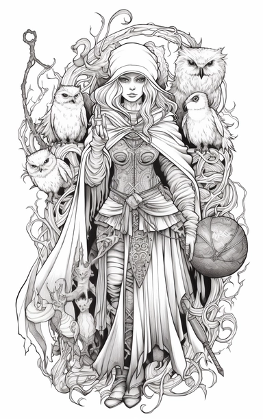 Coloring cartoon page for adult,witch clipart 6 witches, owl, in the style of reimagined by Dr. Seus, mystic mechanisms, illusory images, witchcore, lith printing ,clear and clean line art, white background