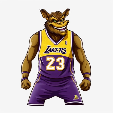 Original LA lakers, Lebron as funny animals playing basketball. Comic Design 3d clipart with black contours. White background