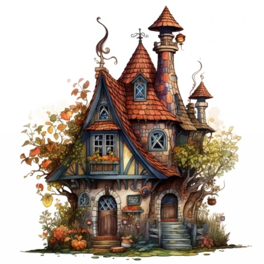 clipart, witch house, in style of colin thompson, on white background