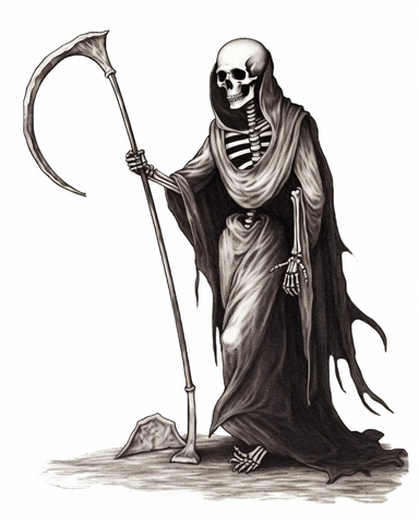 a drawing of a skeleton wielding a metal scythe, 1880–1950, epic fantasy scenes, witchcore, in the style of 15th century, clipart, medievalist, biblical art