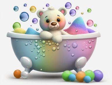 clipart image of white claw foot tub, cartoon little bear, with pastel rainbow bubbles, transparent background, logo, png, high quality, 4k,