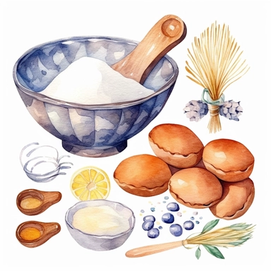 Watercolor baking ingredients set. Hand drawn flour sack and bowl, dough, eggs and butter isolated on white background. Cooking pastry elements. Kitchen clipart for bakery logo, blog, recipe book Watercolor hand drawn illustration isolated on white background Watercolor hand painted elements. Super cute artwork for cards, invitations and social media posts., isolated on white background watercolor hand draw illustration, 8K white background illustration on white background in the style of waterc