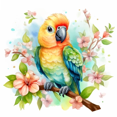 A cute happy parrot sitting proudly on a spring branch, looking off into the camera, with a few spring blossoms and leaves framing the scene, vivid colors, watercolor by Thomas W. Shaller, clipart, solid background, 8k