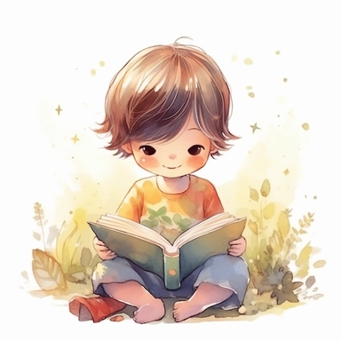 cute little boy reading a book, folk art, watercolor, clipart elements, kawaii, white background
