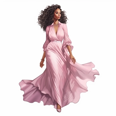 realistic illustration of a beautiful african american woman in 20's wearing long dress, long sleeves with high neckline, pink heels, long curly hair, no earrings, perfect make-up, full body visible, self-confident, clipart, isolated on white background, 4K