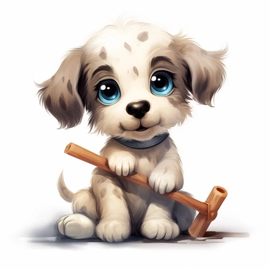 cartoon clipart, wathercolor of art adorably puppy on white background, simple and Adorable little puppy sitting on the ground with a bone in its mouth, big eyes and a friendly expression, cleaning