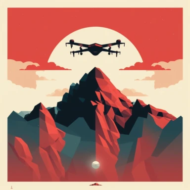 a png image in clipart style of a quadcopter drone cresting a single mountain, minimal colors, abstract, lethal, aggressive, red