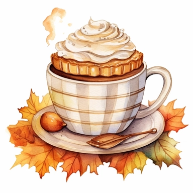 Watercolor illustration fall pumpkin pie, coffee mug, pies and leaves, in the style of knitted and crocheted, light white and beige, raw materials, wrapped, spiral group, charming characters, use of common materials , style by Lucy Fleming, watercolor, smooth gradients, black contour outline, ultra detailed, clipart elements, delicate pastel colors, solid white background, super clear, high quality