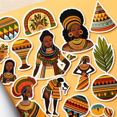 vibrant clipart stickers for Ankhara Designs that capture the vibrant and authentic spirit of African culture. The stickers should include a variety of elements, such as tribal patterns, animals, and symbols, that represent the diversity and richness of African heritage. Use bold and bright colors to make the stickers pop and give them a playful and joyful feel. Think about incorporating traditional African fabrics and textiles, such as kente, mud cloth, or Ankara prints, into the designs to fur