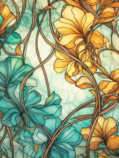 panel made of amberwood, clipart, soft, flowing lines, elegant, Art nouveau, teal and amber color scheme, Alcohol ink watercolor, no background