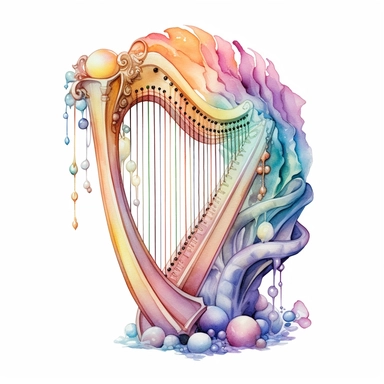 fantasy harp, rainbow colors and seashell ornaments, Clipart Watercolor, fantasy style, White background, HD