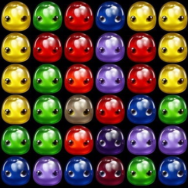sprite sheet clip art of transparent jelly beans with white cartoon eyes in a grid, merging with each other. red, blue, green, purple, yellow colors. 5 colours PNG format clipart, prerendered 3d, 3d, palletized colours, deep blacks, deep colors, vibrant colors, mobile game