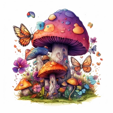 create an illustration featuring a magical pueple mushroom clipart, small flowers and small butterfly, vibrant colors, rainbow colors, magical, whimsical, fairytale, fiction, against a white background, harlequin cyberpunk, highly detailed