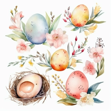 6 watercolor fancy easter clipart, isolated on white background,space out--ar3:2--s1000